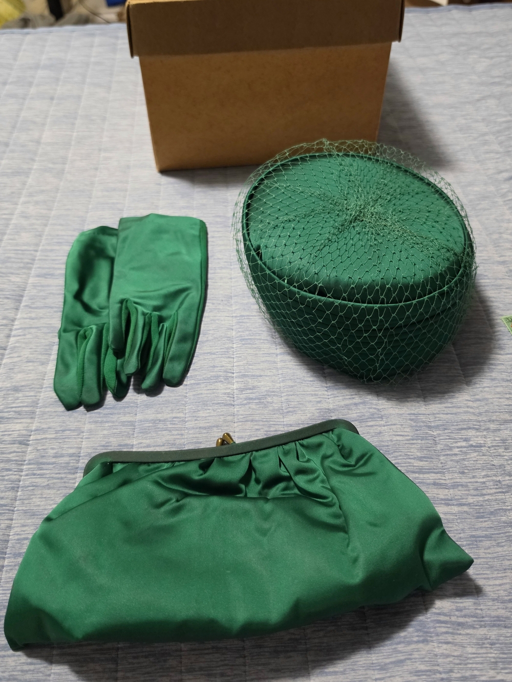 1960s union-made emerald satin cocktail hat with matching gloves and clutch